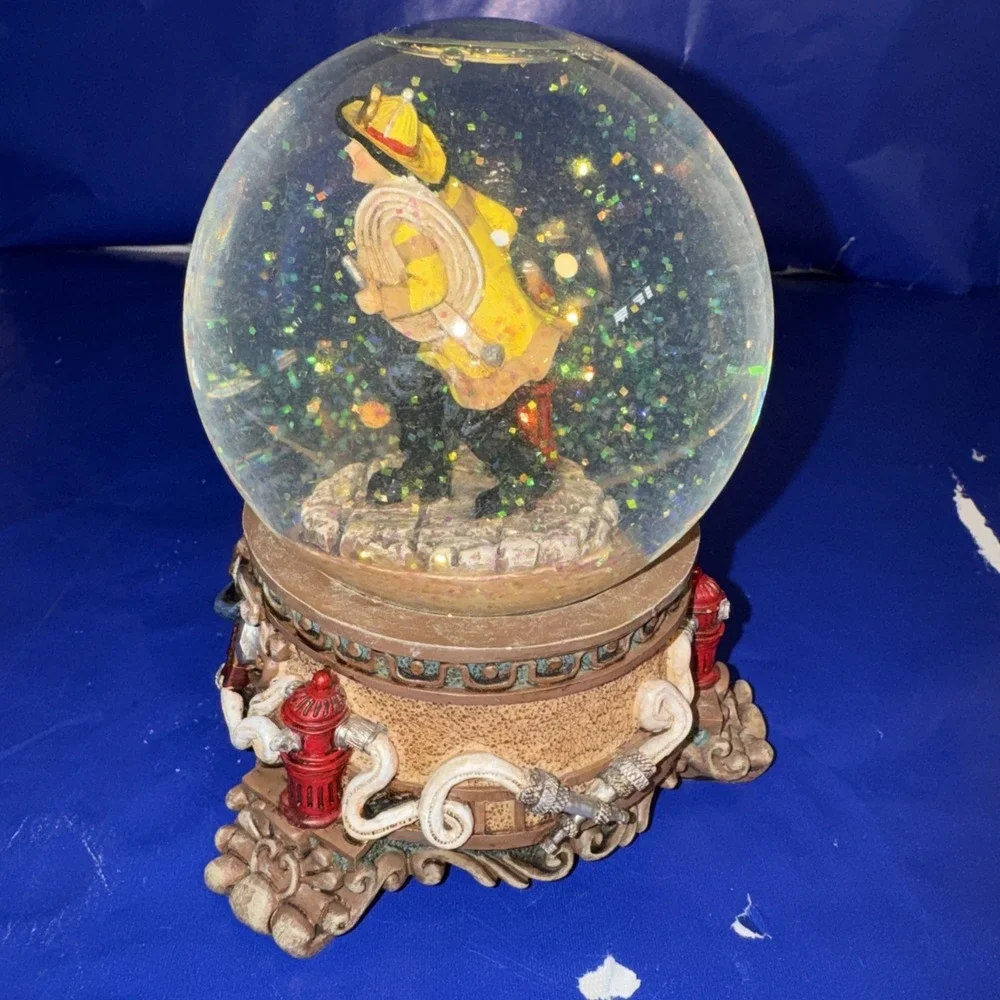 Fire Fighter Water Globe Music Box Plays Wind Beneath My Wings Wind Up Works